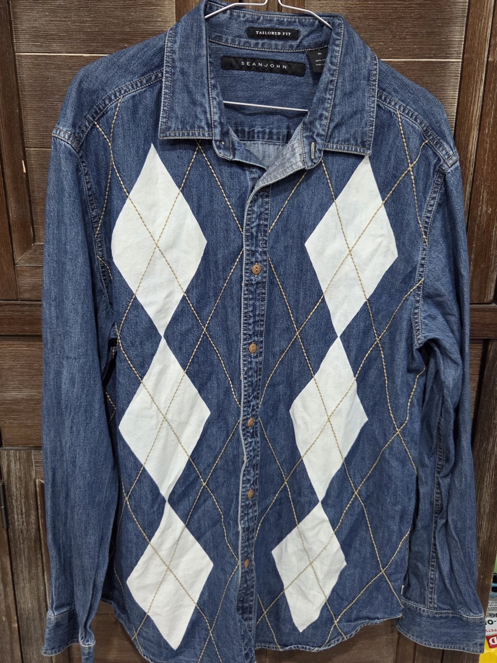 Sean John Men's Long Sleeve Denim Blue White Button Diamond Pattern Up Shirt XL